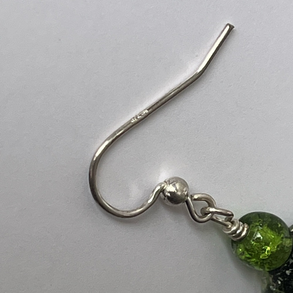 Sterling Silver Handmade Green Glass Bead Dangle Earrings With Fishhook Wires - Picture 3 of 5